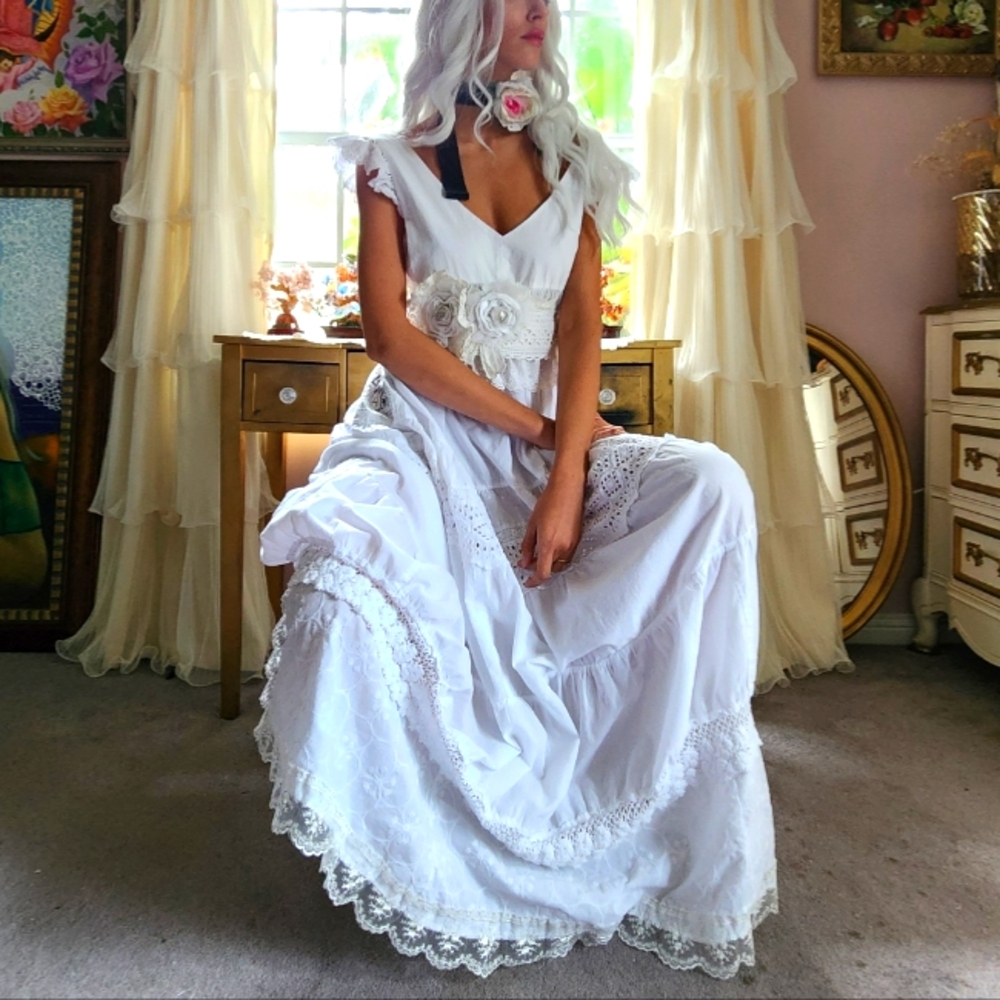 Designer White Maxi Dress Boho Upcycled 100% Cotton Rose Pin Pearl Belt